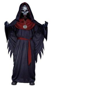 Skeleton Sinister Halloween Costume12/14 Black Hooded Robe, Cape, Skull Mask 8pc
